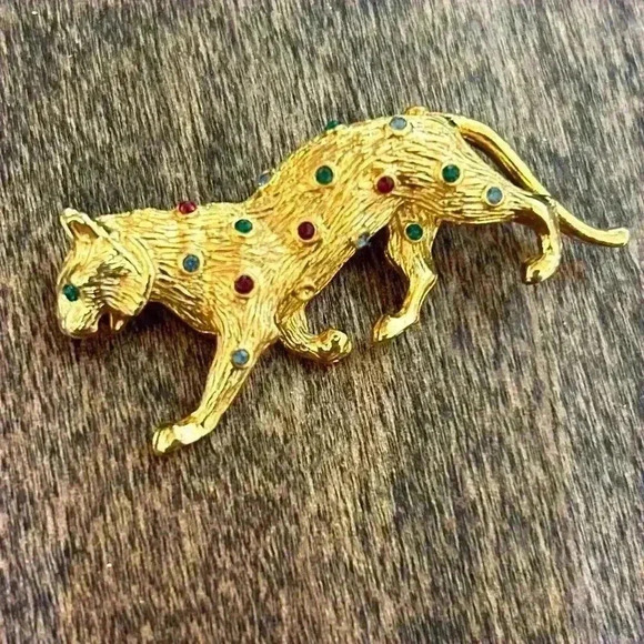 Gold Tone Brooch Set of 3 Teddy Bear, Jaguar and Citrine Bow - Picture 7 of 11